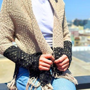 BCBG Eliana Fringe Cardigan Women Size Small Tan/Black Knit Jacquard Long Sleeve